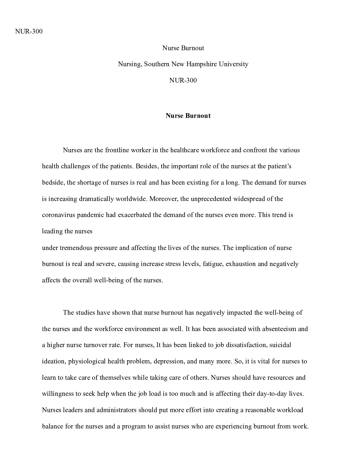 Preview image for 2 3 Final Project Nurse Burnout.docx  NUR-300  Nurse Burnout  Nursing, Southern New Hampsh